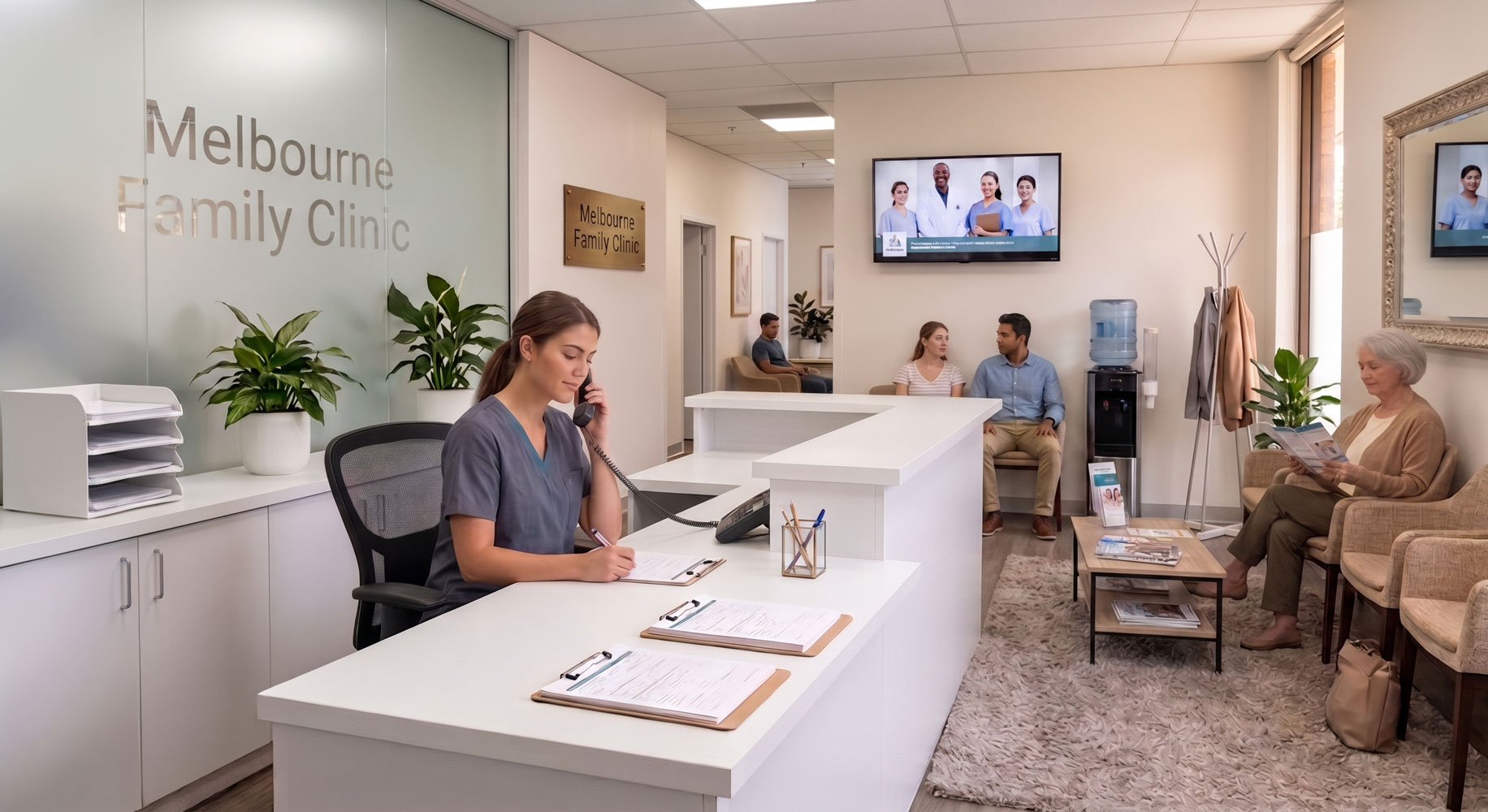 Front desk, phone ringing while a client waits